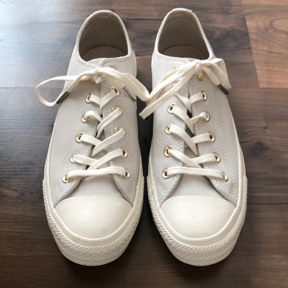 Converse White Canvas Low-Top Sneakers with Gold Eyelets